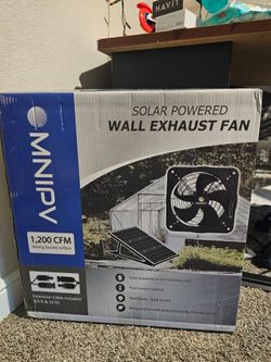 OMNIPV solar-powered wall exhaust fan designed for greenhouses, garages, and sheds.