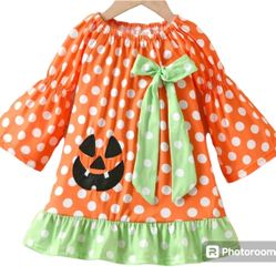 New Girls Orange And White Poka Dot Halloween Dress With Jack O Lantern Pumpkin Size 18-24months and 5-6Y