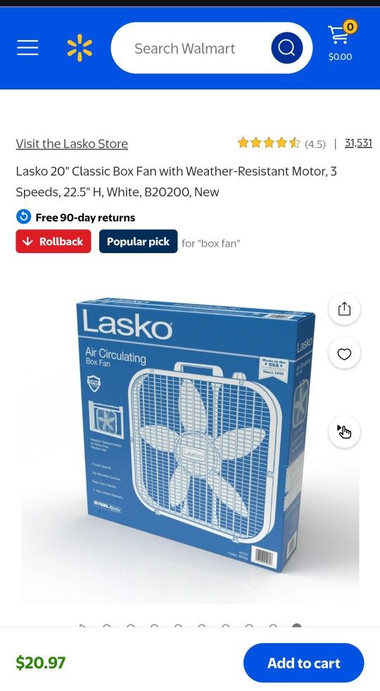 Lasko 20" Classic Box Fan White