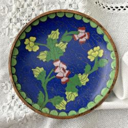 Vintage 1915  Chinese Cloisonné Brass Enamel Trinket Dish Plate 3.8” 