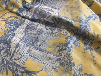 Yellow and Blue Toile de Jouy Fabric custom Lined drapes , 4 panels