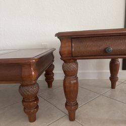 Wood Solid Coffee Table & Side Table with Storage Drawers 