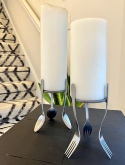 Pair of Silver Fork & Spoon Candleholders 