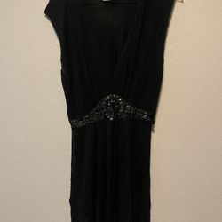 Vertigo Paris,  Women’s Black Strechy V Neck Beaded Tunic Tank Top, Size S