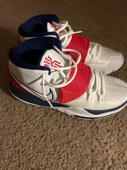 Nike Kyrie 6 white, red, and navy blue basketball sneakers