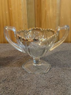 Vintage Heisey Orchid Etched Glass Footed Sugar Bowl Gold Trim