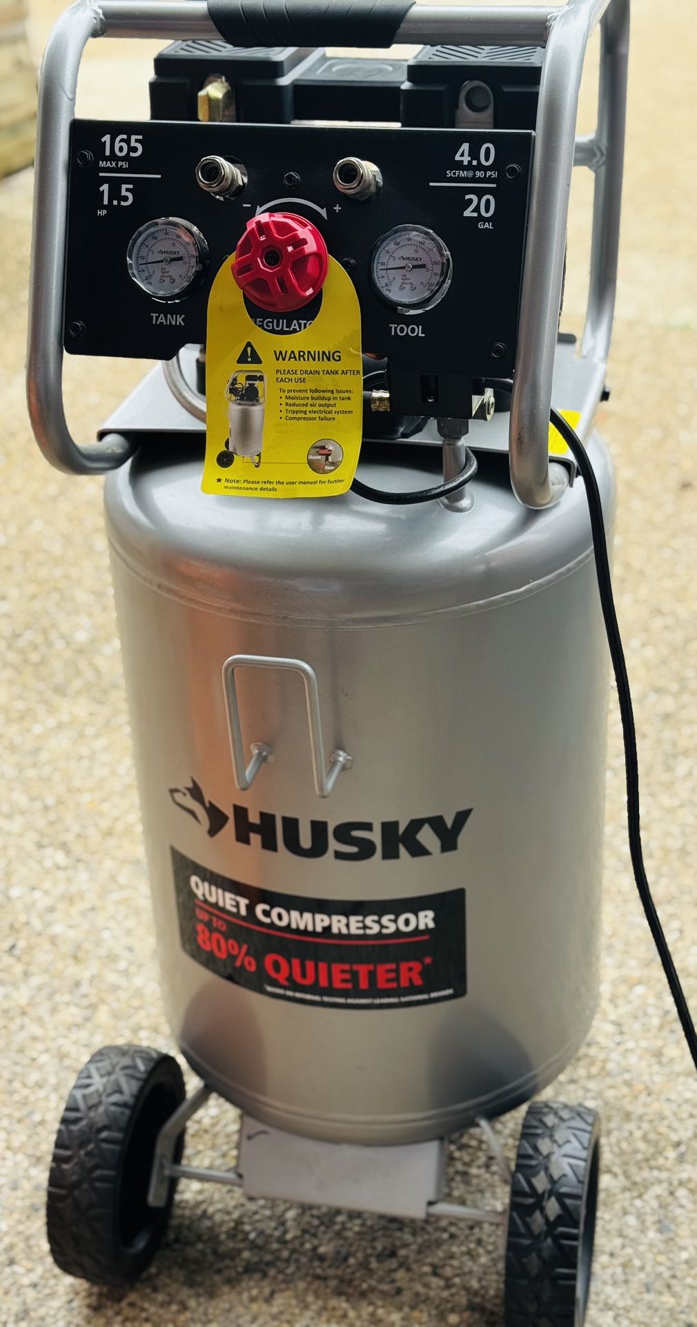Husky 20 Gal.165 PSI Vertical Electric Oil-Free Quiet Auto/Workshop Air Compressor with Dual Gauges and 2-Quick Couplers