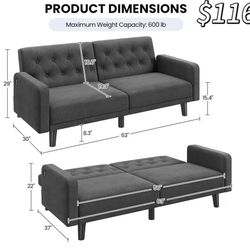 😀 Yaheetech 63" Convertible Couch Small Futon Sofa Bed with 2 USB Ports, Reclining Backrest & Removable Armrests, Mid Century Modern Loveseat