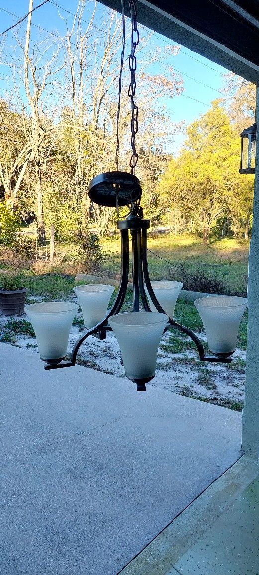 5 light hanging/ Chandelier type brushed nickel fixture