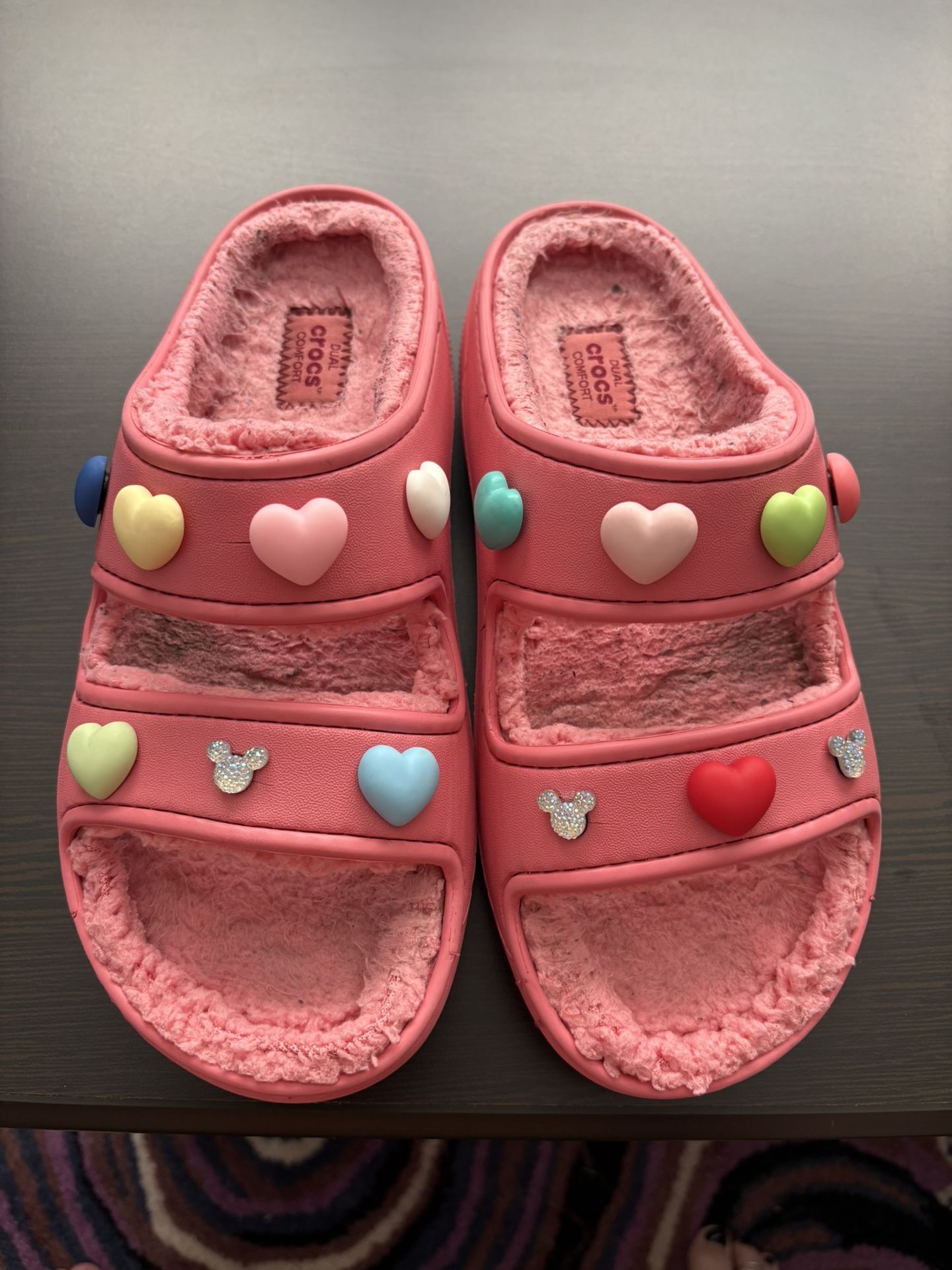 Pink Crocs Fuzzy Slides with Heart & Mickey Jibbitz - Women's Size 8