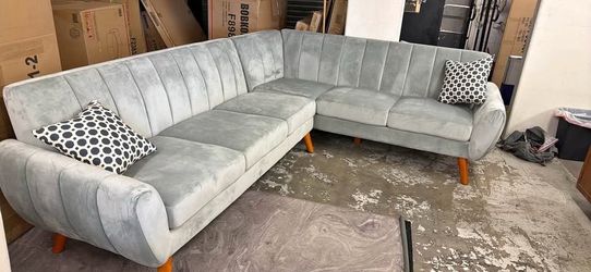 New Mid Century Sectional.  Grey or Brown Velvet.  111” x 85”.  Free Delivery!