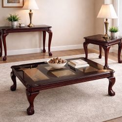 Solid Wood Coffee Table Set with Glass Inlay – Matching Pieces
