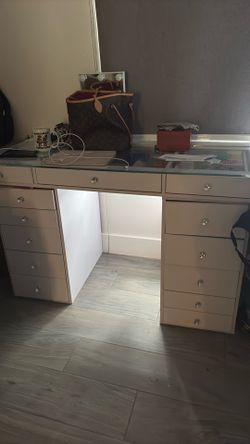 Modern White Glass-Top Vanity Desk with Drawers