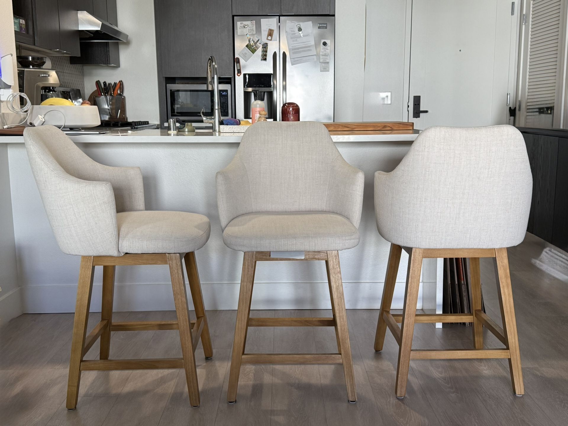 3 Swivel Counter Stools, Tan/oatmeal Color.
