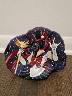 Plague doctor Sailor Moon painted on a giant mushroom