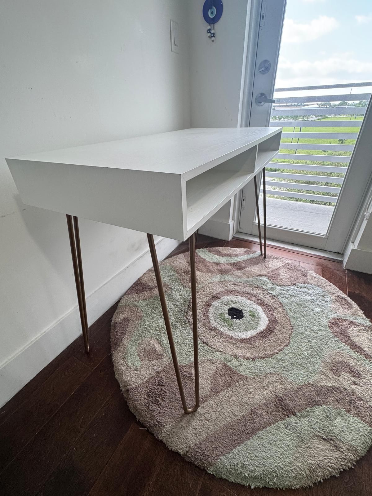 Modern Desk Setup — White Desk + Round Rug + Power Tower