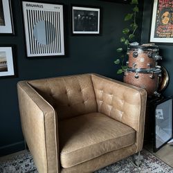 Genuine Top Grain Leather Tufted Tuxedo Arm Chair