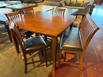 Counter Height Square Dining Table with Four Chairs and Bench