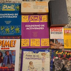 Spanish lesson books, worksheets, dictionaries, laminated reference guides, children's books.