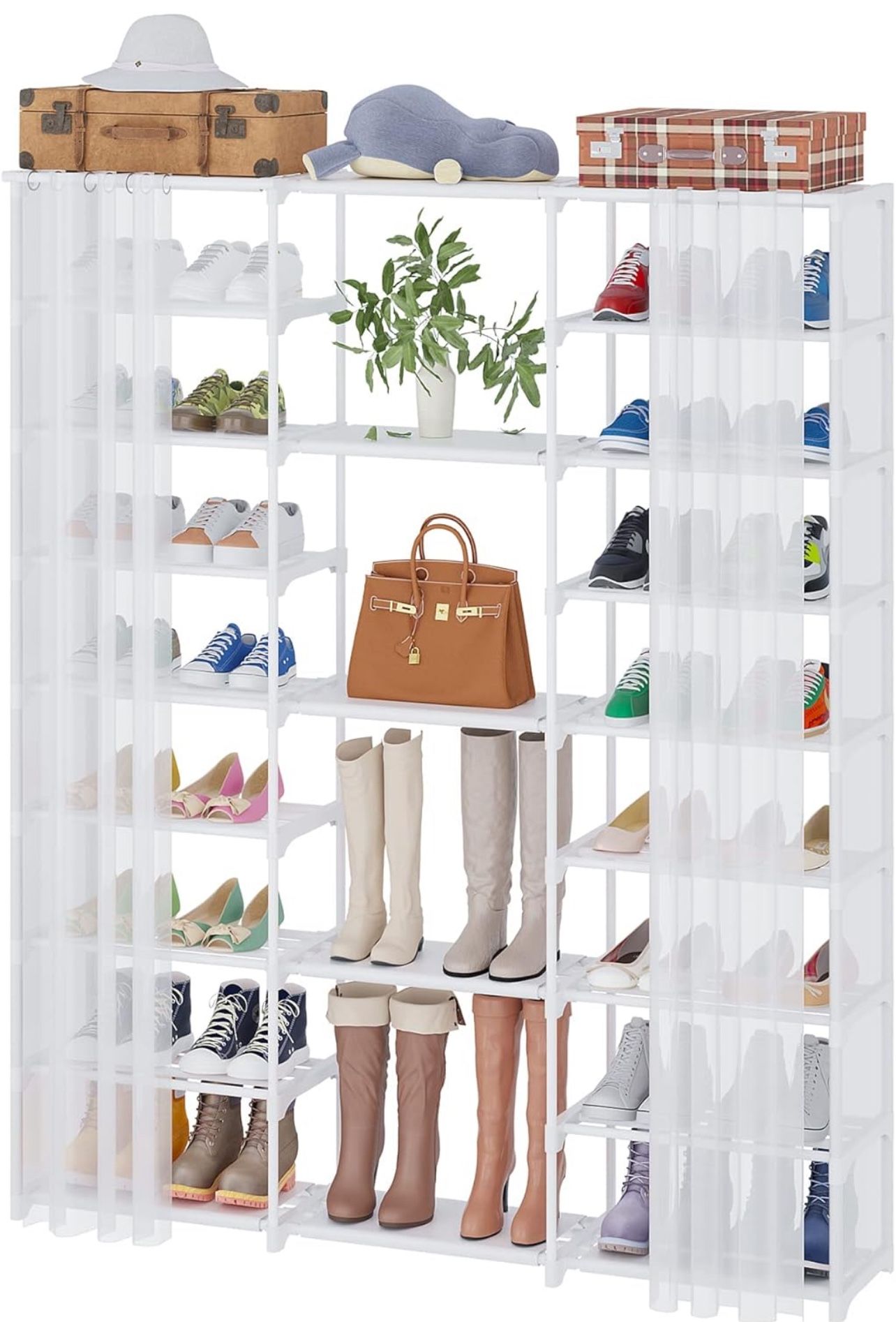 Buzowruil 9 Tiers Large Shoe Rack Shoe Storage Shoe Organizer 50-55 Pairs Shoe Tower Metal with Curtain for Entryway,White