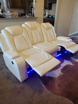 Beige Leather Power Recliner Sofa with LED Lights, cell chargers on top n side, cup holders