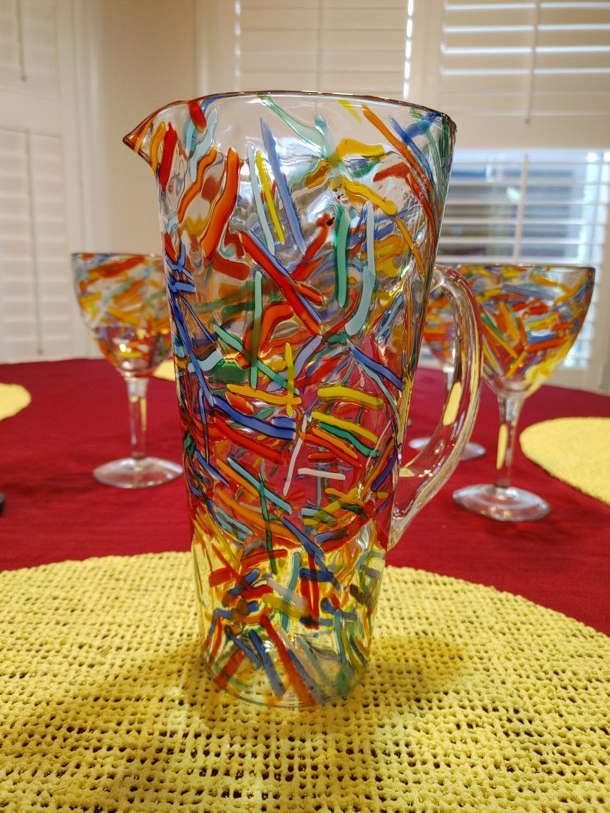 Colorful Summer Lead Crystal Carafe with  Matching Glasses