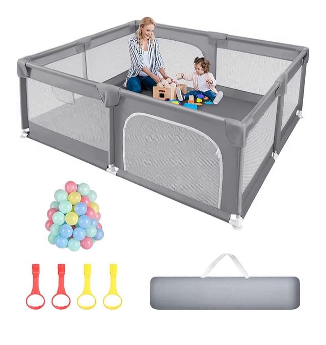 Baby Playpen 79x71 inch Extra Large Playpen with Carry Bag, 50 Ocean Balls, 4 Pull Rings