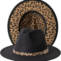 Men Women Two Tone Black Leopard Wide Brim Fedora Felt Panama Hats Classic Belt Buckle
