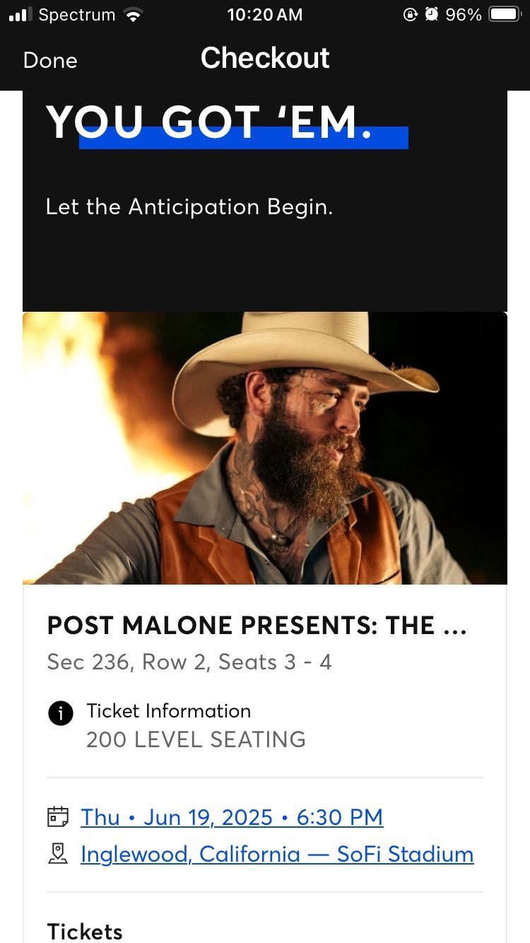 Post Malone & Jelly Roll 2 Tickets 6/19/2025