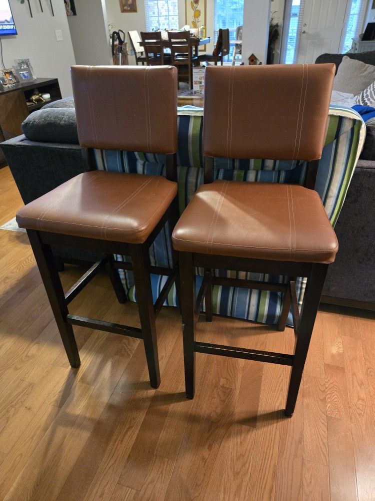 Two Caramel Faux Leather Bar Stools