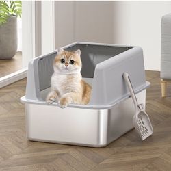 Large Covered Cat Litter Box with Scoop – Gray (Brand New)