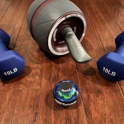 Home Workout Bundle – Ab Roller, Grip Strengthener, 10lb Dumbbells – Like New