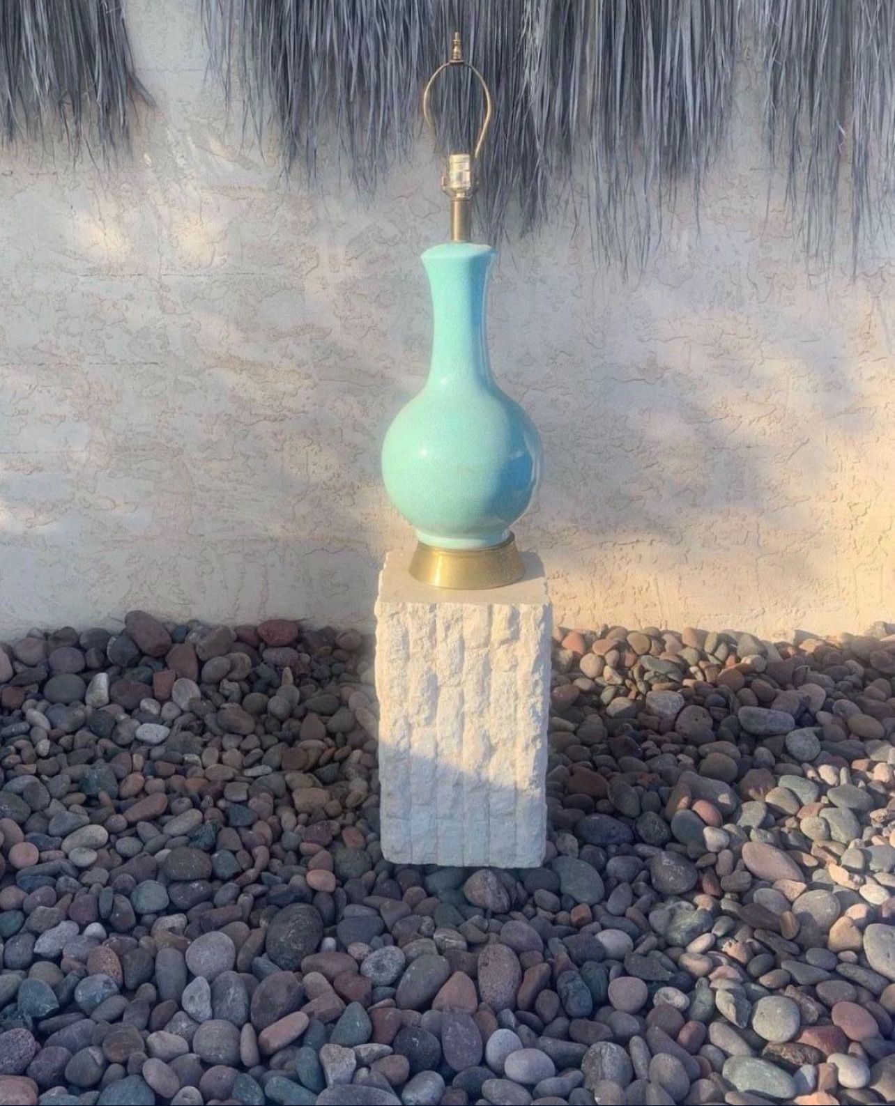 (one) Teal Blue Mid Century Ceramic Lamp With Gold Brass Base And Glazed Crackle Finish