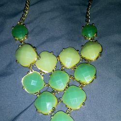 Faceted Mint Green Bib Style Statement Necklace in Gold-Tone Metal