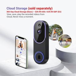 new 1080P Smart Video Doorbell Camera with Motion Detection, Night Vision, Cloud Storage, Two-Way Talk, Battery Powered, Home or Business Security, 2.