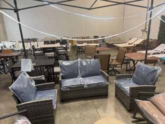 New 3pcs Outdoor Rattan Sectional Sofa Chair with Navy Blue Cushions