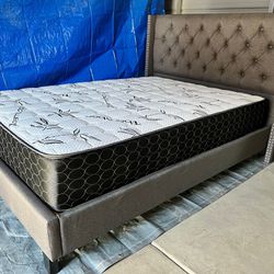 Full Size Gray Bed With Mattress. Good Quality 