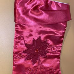 Holiday Christmas Stockings Embroided Flower Silk Burgundy Color