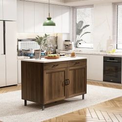 47” Kitchen Island with Storage, Farmhouse Kitchen Island Cart with Drawers & Cabinets, Modern Wood Kitchen Island - Brown
