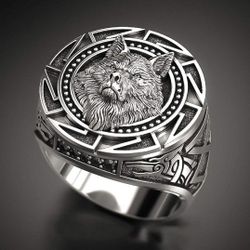 Men's Vintage Retro Wolf Totem Silver Punk Ring - Size 9