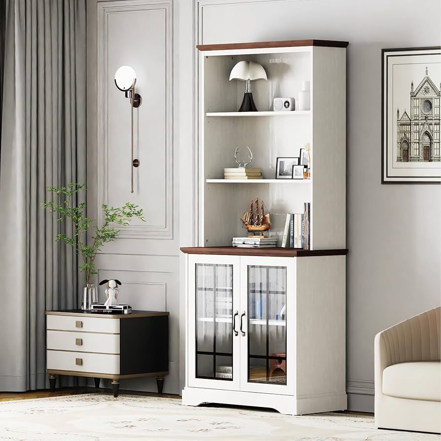72" Tall Bookcase, White and Brown Design Large Floor Standing Bookshelf, 5 Tier Shelves with Door Storage Cabinet for Living Room Hallway