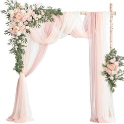 Ling's moment Deluxe Pink Artificial Wedding Arch Flowers with Drapes Kit-Pack of 5, 2pcs Flower Arrangements 3pcs Hanging Sheer Drapes Blush Ceremony