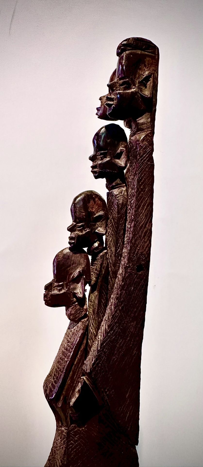 Rare vintage fine wood carved African sculpture Family with dimensions H18.5xW3 inch Lbs 1. Hand carved fine sculpture in hard wood Item# 289 Lbs 1