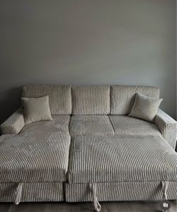 Beige Corduroy Sleeper Sofa with Pull-Out Bed & Storage