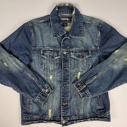 Carbon Women's Blue Denim Jacket Distressed Dark Wash Button Up Size Medium