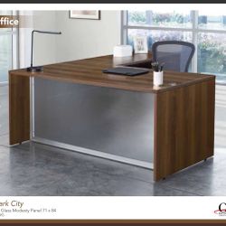 Brown L Shaped Desk With Glass Modesty And Pedestal 