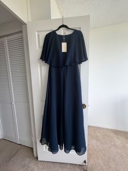 Navy Blue Chiffon Cape Sleeve Formal Gown