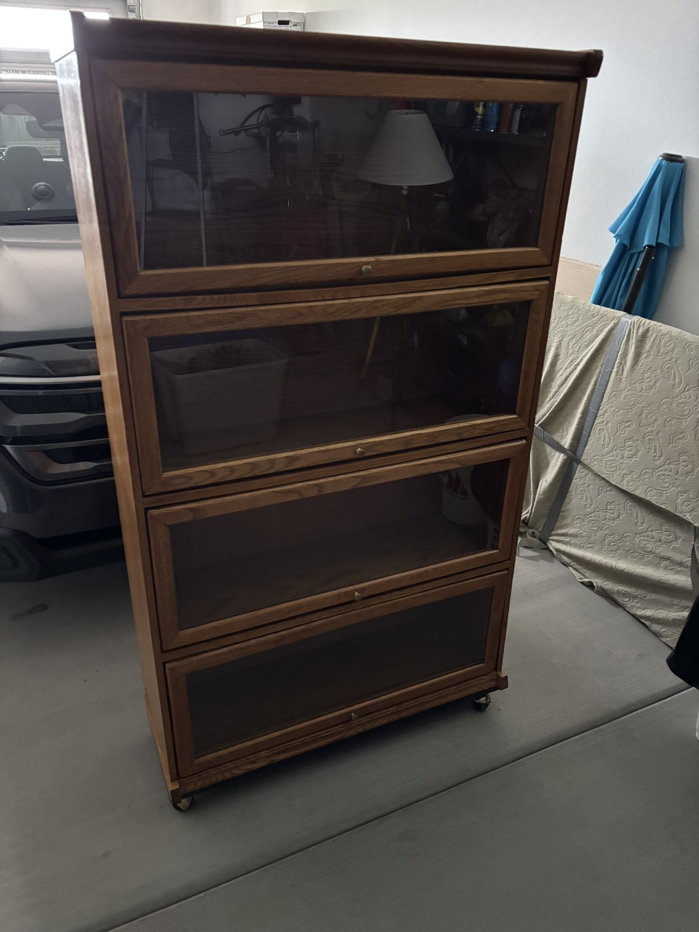 Oak Bookcase W/horizontal Open Glass Cabinet
