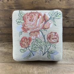 Vintage Needlepoint Floral Roses Footstool w/ Bun Feet (11.5” x 12”)