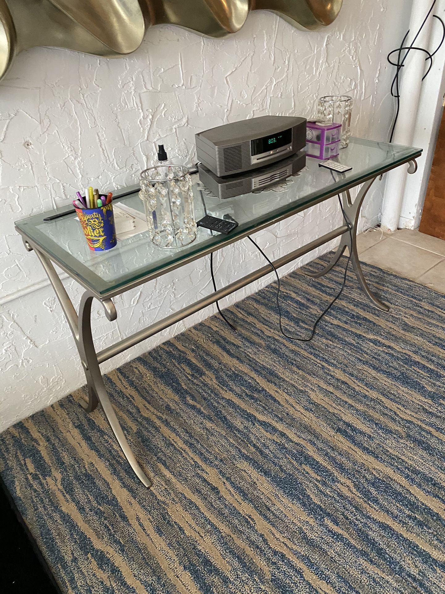 Furniture wall unit in good condition also dining room glass table with six chairs and three glass tables 500 cash